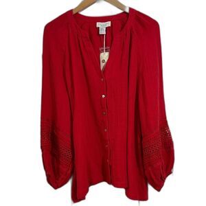 NWT Calypso St. Bart Red Cotton Gauze Button Top Embroidered Sleeve size 3X Boho